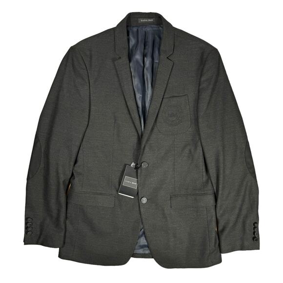 Zara Man (40) Premium Collection Sport Coat Blazer Elbow Patches Crest Pocket - Picture 8 of 16